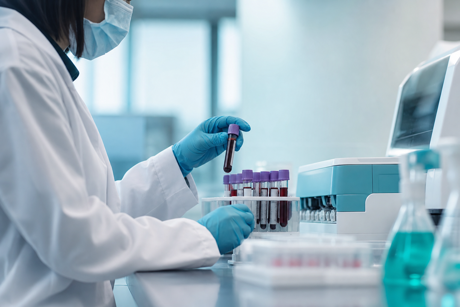 科研人员在实验室中处理用于神经疾病生物标志物研究的血液样本