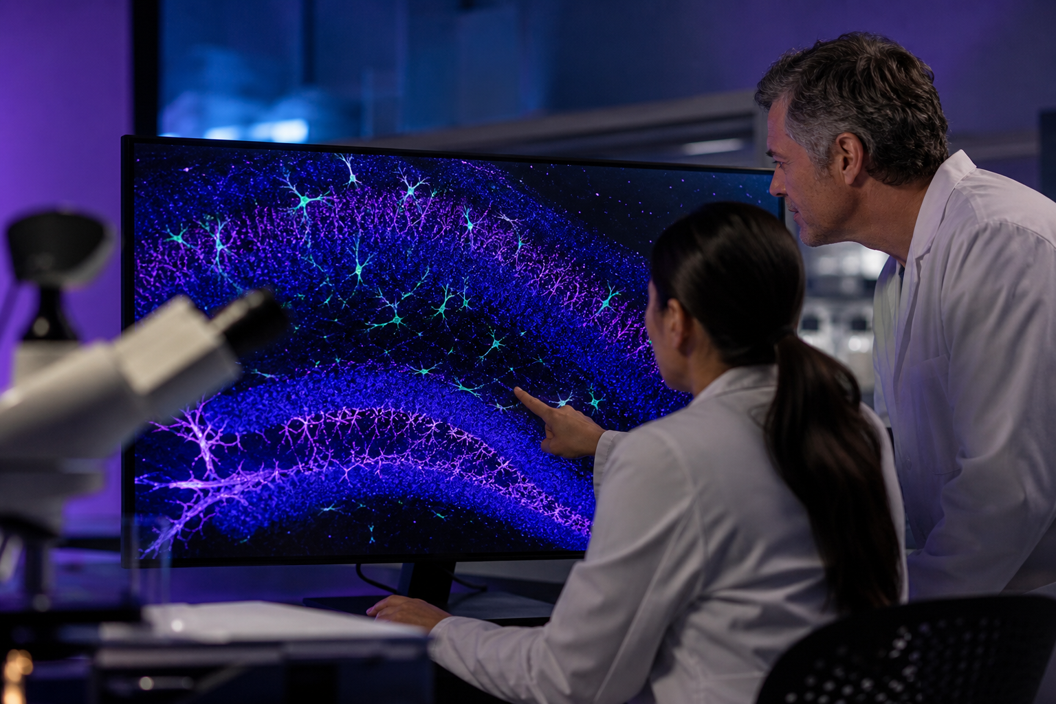 神经科学实验室人员查看海马细胞显微成像数据