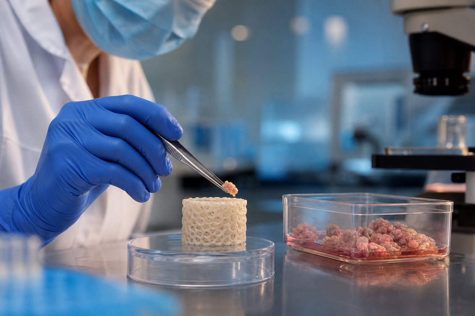 肿瘤生物工程实验室中研究人员使用镊子处理微型植入物原型
