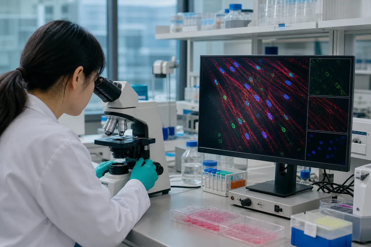 研究人员在显微镜下观察骨骼肌细胞与修复信号